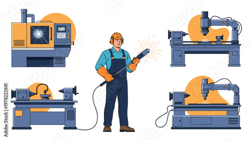 Industrial set featuring a professional welder with his equipment and various heavy duty manufacturing machinery.