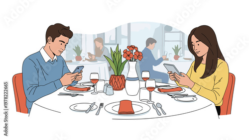 Young couple sitting at a restaurant table during a date but distracted by using their individual mobile phones.