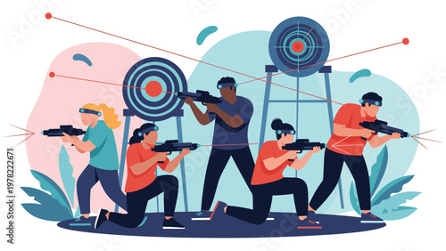 Group of friends wearing headsets and holding futuristic guns during a competitive game of laser tag in an arena.