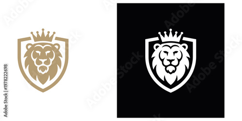 Elegant lion head shield emblem in gold and black, ideal for corporate branding, sports logos, luxury marketing, and heraldic designs with a regal and authoritative theme.