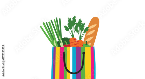 Colorful striped shopping bag is filled with fresh greens, carrots, and a long baguette, representing a trip to the grocery store or market.