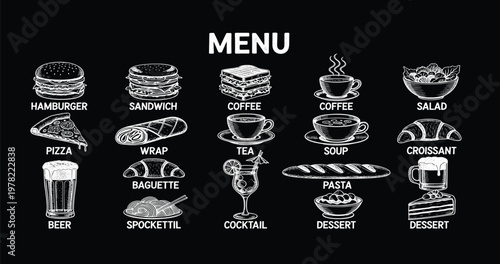 Chalkboard restaurant menu with hand drawn food icons including burger pizza coffee pasta and desserts vector illustration set
