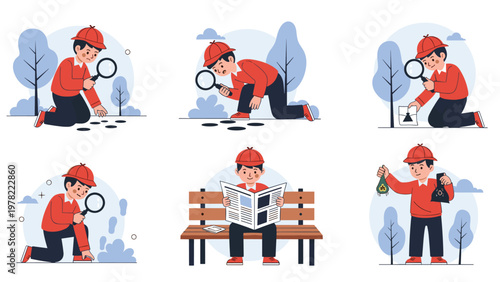 Young detective character explores his surroundings using a magnifying glass and reading a newspaper in this cute illustration set.