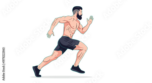 Strong muscular man with beard running in shorts and athletic shoes shows fitness and healthy lifestyle during outdoor exercise or sport.