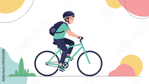 Young boy wearing a helmet and backpack rides his bicycle through an outdoor landscape with colorful abstract environmental shapes.