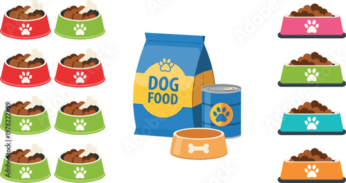 Dog food set with bowls kibble packaging bag and cans colorful pet nutrition vector illustration collection isolated on white background