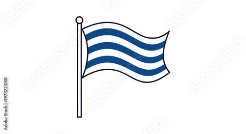 Waving flag icon with blue and white stripes on a pole is rendered in a clean minimalist line art style for nautical or patriotic themes.
