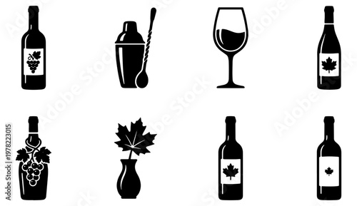 Minimalist wine and cocktail icons set, black silhouette alcohol bottle and glass vector illustrations, winery and bar menu graphic elements