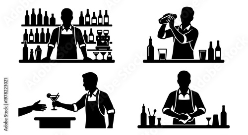 Professional bartender silhouette set, male mixologist preparing cocktails at bar counter, black and white hospitality staff vector icons