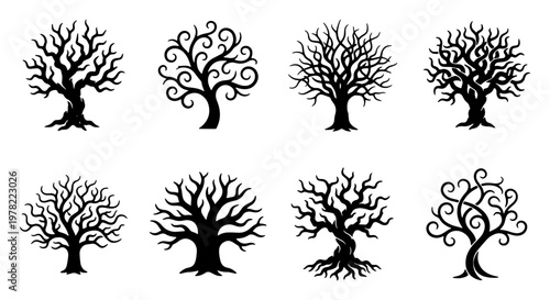 Spooky bare tree silhouettes, set of 8 dead winter tree vectors, creepy gnarled branches and leafless trunks, gothic nature design elements