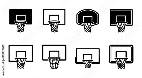 Basketball hoop icon set, black and white sports equipment vector illustrations, 8 minimalist basketball backboard and net symbols for athletic design