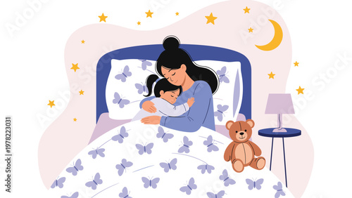 Loving mother embraces her young daughter in bed under a butterfly print blanket while stars and a moon shine in the night sky background.