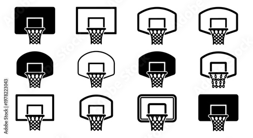 Basketball hoop icon set with 12 vector elements, black and white basketball backboard symbols, minimalist sports equipment graphics for web design