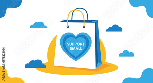White shopping bag with blue heart and support small text on an abstract background encourages consumers to buy from local businesses.