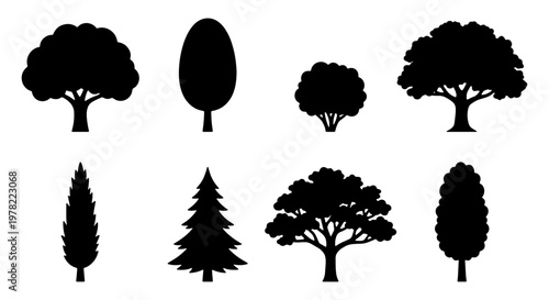 Black tree silhouettes set, 8 vector tree icons for landscape design, minimalist forest plant shapes, isolated nature elements for architectural site plans