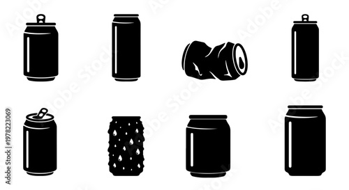 Black aluminum soda can icons set, 8 vector beverage can silhouettes, crushed and open metal drink containers for recycling and packaging design
