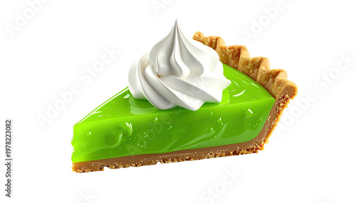 Slice of bright green key lime pie with swirl of whipped cream against black background
