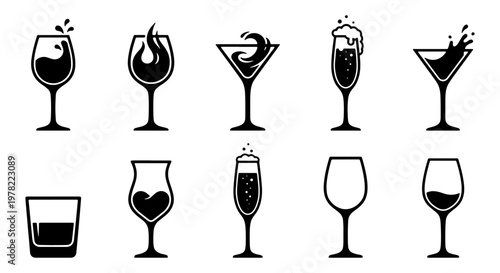 Minimalist cocktail glass icons set, black and white alcohol drink silhouettes, 10 vector glassware elements for bar menus and party branding