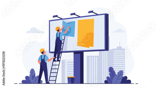 Professional workers use a ladder to install a large colorful advertisement poster on a city billboard under the bright daylight sky.