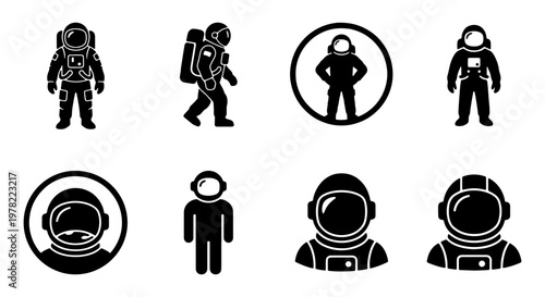 Astronaut icon set with 8 black vector elements, space explorer silhouettes and cosmonaut helmet symbols, minimalist galaxy mission graphics