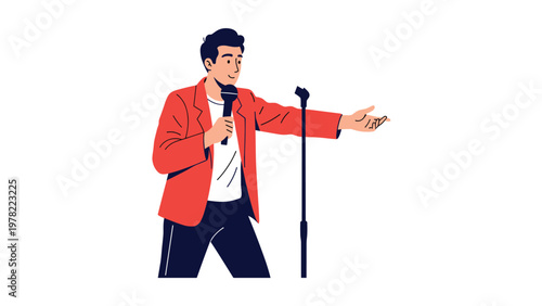 Energetic stand up comedian performs on stage with a microphone while wearing a bright red blazer and gesturing towards the live audience.