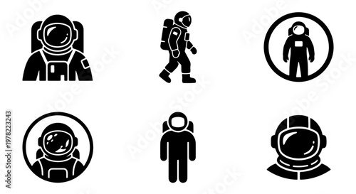 Astronaut icon set with 6 black vector elements, space explorer silhouettes in pressure suits, cosmic mission character symbols for science UI