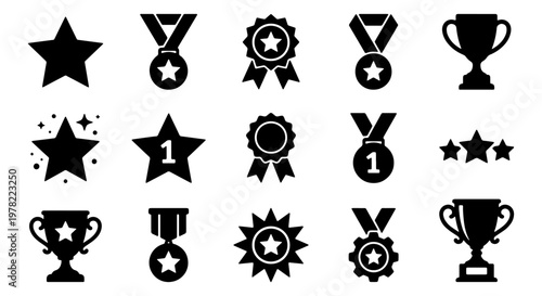 Award and trophy icon set, 15 black vector elements for success and achievement, winner medals and star rating symbols for business ranking