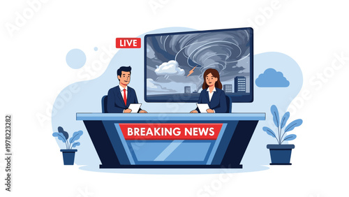 News anchors report on a dangerous tornado event during a live breaking news broadcast from a modern television studio with digital screens.