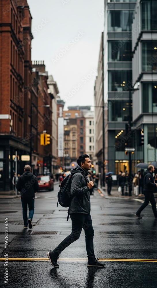 Obraz premium Man walking across street in urban environment.