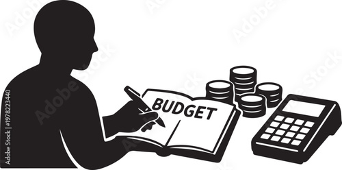 Personal finance concept of budgeting and financial planning with a person writing in a notebook, coins, and a calculator