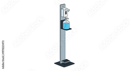 Standing hand sanitizer dispenser station with foot pedal and blue liquid bottle represents hygiene equipment for public spaces and offices.