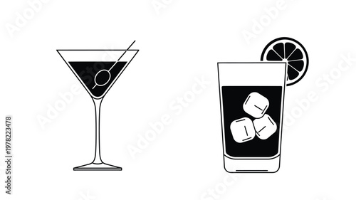 Black and white cocktail and juice glass graphic simple silhouette