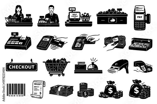 Retail checkout and payment icons: cash registers, pos systems, shopping cart, barcode, money.