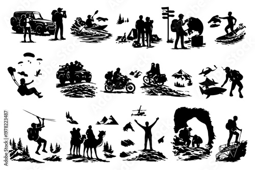 Silhouette adventures in nature with hiking, kayaking, climbing, and wildlife activities.