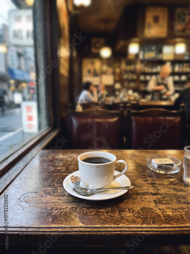 昭和レトロな純喫茶の店内風景　木製テーブルの上のコーヒーとノスタルジックな空気感