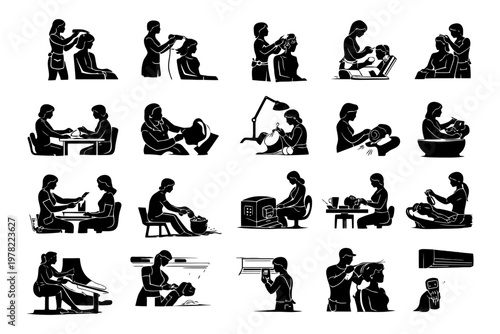 Silhouette icons of various personal care services in black and white.