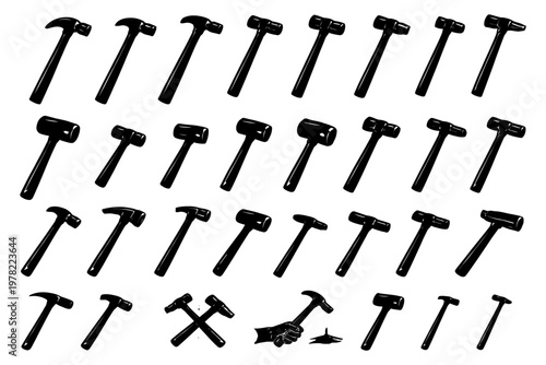 Variety of black silhouette hammers on white background.