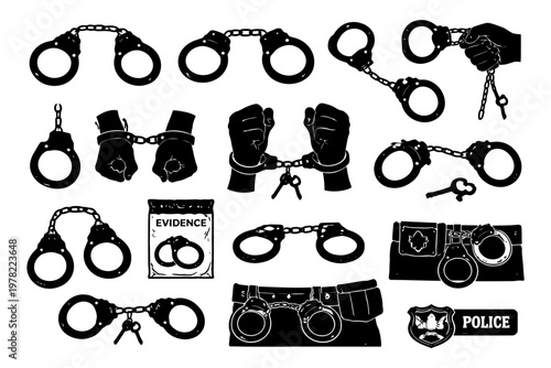 Various handcuffs and related police tools in black silhouettes.