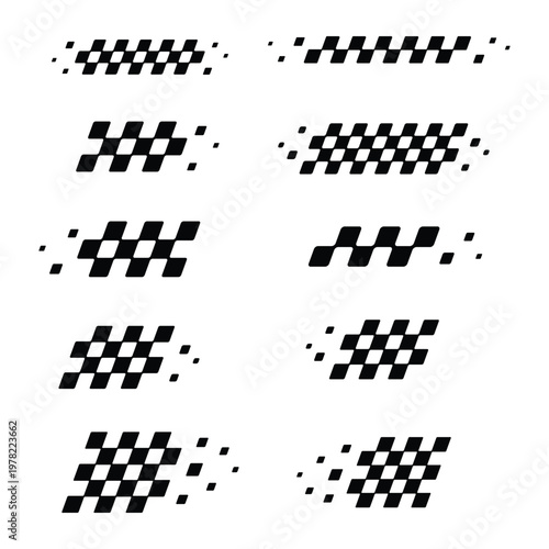 Racing speed checkered flag elements collection with motion style square patterns for motorsport branding and dynamic design set