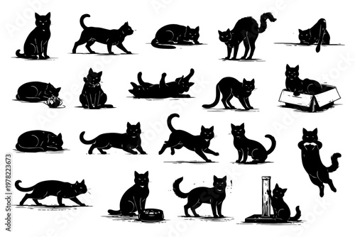 Variety of playful black cat silhouettes with diverse poses and activities.