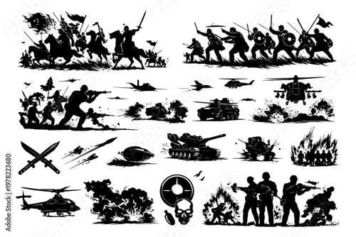 Silhouette battle scenes: historical and modern warfare illustrations.