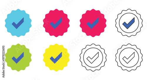 Slika na platnu Colorful checkmark badges and outlined versions displayed in a grid format