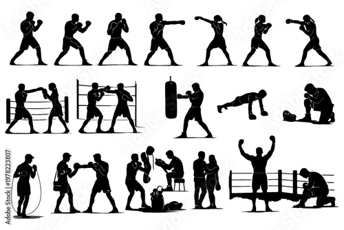 Silhouettes of male boxers training and sparring in various boxing poses.