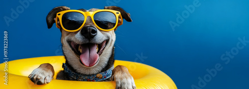happy dog wearing sunglasses and an inflatable ring against a blue background,