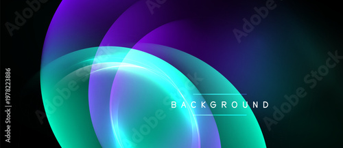 Abstract flowing shapes, vibrant colors blend. Modern design, dynamic curves create luminous effect. Dark background emphasizes bright elements.