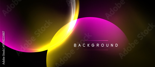 Abstract design features vibrant curves, yellow, pink hues against dark backdrop. Text reads BACKGROUND. Modern, dynamic visual presentation.