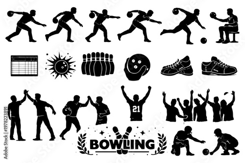 Silhouettes of diverse bowling activities and excited participants.