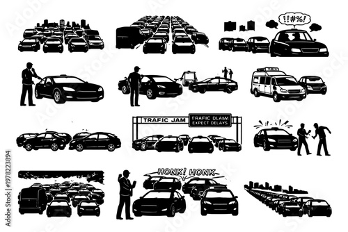 Silhouettes depicting urban traffic jams and road rage scenarios.