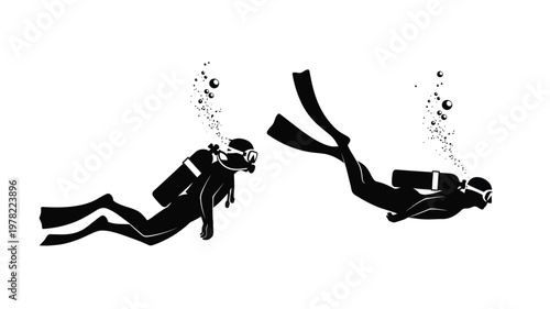 Two scuba divers swimming underwater depicted in a striking silhouette