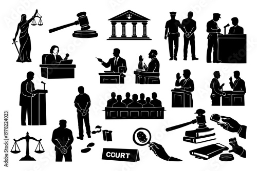 Courtroom silhouettes: justice symbols and legal procedures.